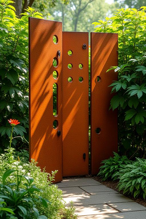 A corten steel decorative screen in a garden.