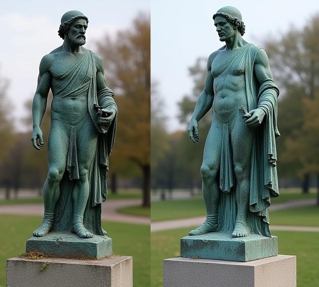 Before and after shot of a restored historical statue.